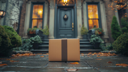 A minimal package is resting on the front steps of a house, surrounded by scattered autumn leaves and potted plants, creating a serene and inviting atmosphere