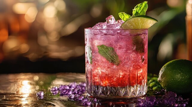 World cocktail day with beverage and glass idea. Refreshing cocktail with mint and lime on a bar surface.