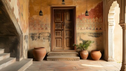 traditional Indian Entryway with Vintage Door and Clay Pots.