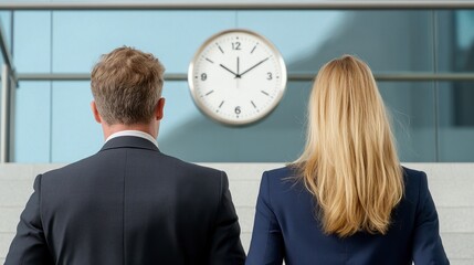 Businessman and businesswoman standing on stairs, looking at a large clock on the wall. Modern office setting. Back view