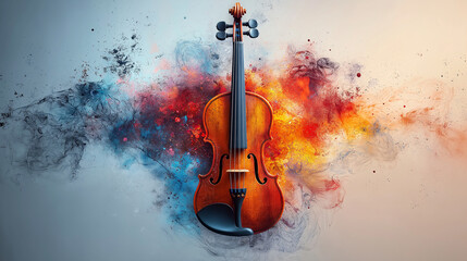 Fototapeta premium A richly colored representation showcases a violin at the center, surrounded by bursts of abstract colors that symbolize the essence of music and artistic expression in a creative context