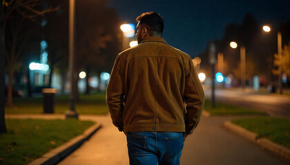 A Lone Wanderer Walking Through the Urban Nightscape.