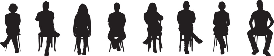 vector; silhouette of front view of a group people sitting on chair