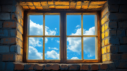 Obraz premium Bright sunlight floods through an open window framed by rustic bricks, revealing a vibrant blue sky dotted with fluffy white clouds, creating a serene and inviting atmosphere
