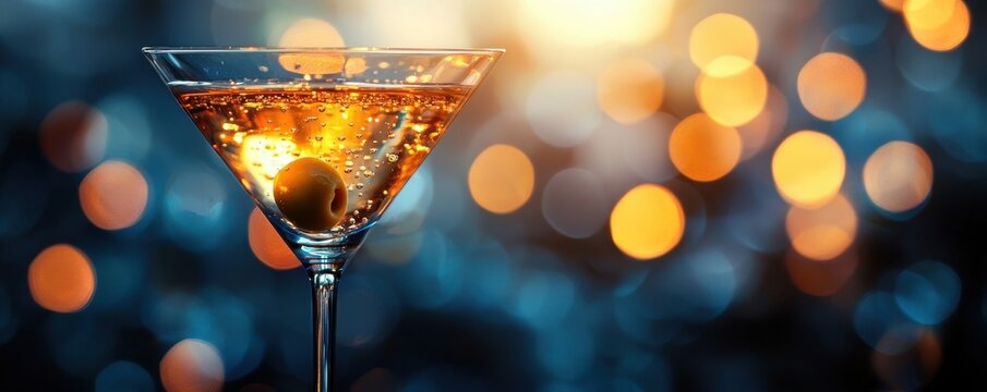 World cocktail day with beverage and glass idea. Elegant cocktail in a glass with soft bokeh background.