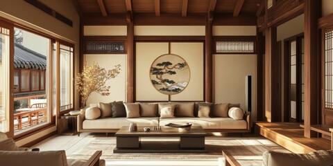 A luxurious open concept living room with elegant decorations and natural light