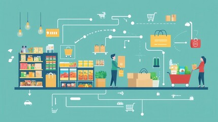 Grocery order flow infographic showing selection, checkout, packaging, delivery, and customer satisfaction in a modern design layout