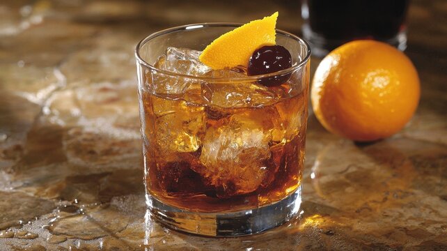 World cocktail day with beverage and glass idea. Rich cocktail with orange and cherry garnish on a bar top.