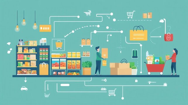 Grocery order flow infographic showing selection, checkout, packaging, delivery, and customer satisfaction in a modern design layout