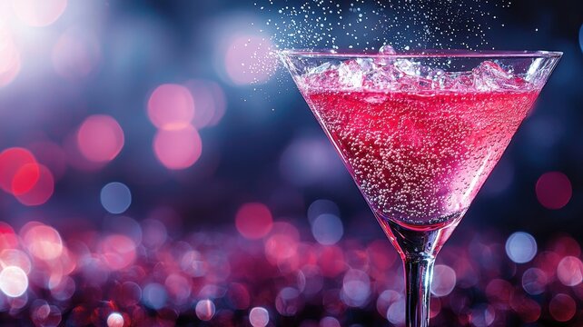 World cocktail day with beverage and glass idea. Sparkling pink cocktail drink in a martini glass with vibrant background.