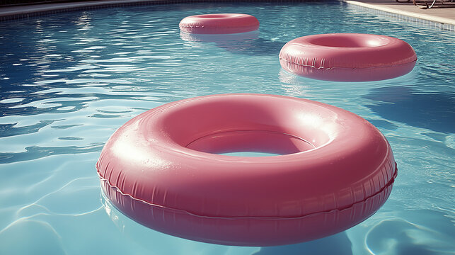Bright sunlight reflects off the clear water of a swimming pool, featuring light pink floaters gently relaxing on the surface, creating a serene summer atmosphere