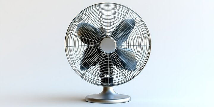 Modern standing fan with metal blades and silver base designed for home cooling during hot summer days