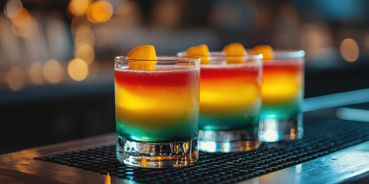 World cocktail day with beverage and glass idea. Colorful layered cocktails on a bar counter.