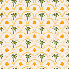 Seamless tropical pattern with palm tree. Hand drawn ornament. Boho style. Vector illustration.