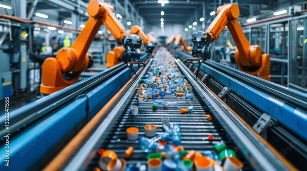 Aufkleber robotic arms work efficiently on a conveyor belt, sorting plastic waste in a recycling plant. the fa