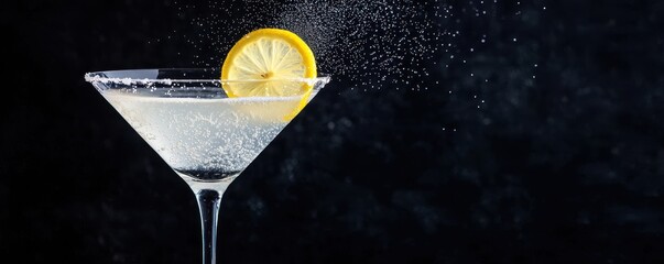 World cocktail day with beverage and glass idea. Elegant cocktail with lemon slice and sparkling bubbles.