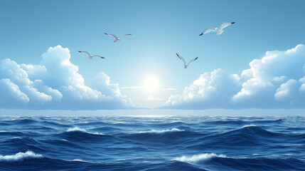 Fototapeta premium A group of seagulls gracefully flies above the ocean, contrasting against the vivid blue sky and fluffy white clouds. The bright sun illuminates the waves below