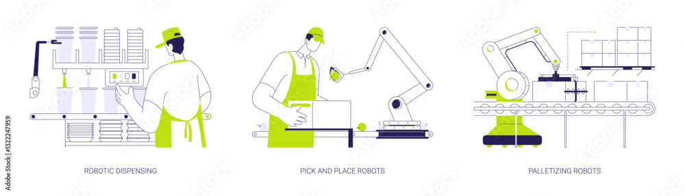 Sticker industry robots abstract concept vector illustrations.