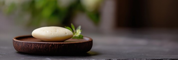 A beautifully arranged soap rests on a dark wood plate, symbolizing tranquility and freshness, surrounded by soft greenery that enhances its calming aesthetics.