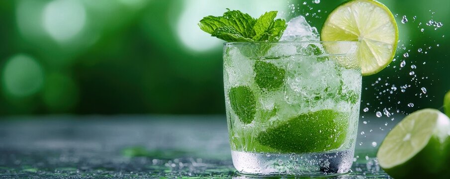 World cocktail day with beverage and glass idea. Refreshing mojito cocktail with mint and lime slices.