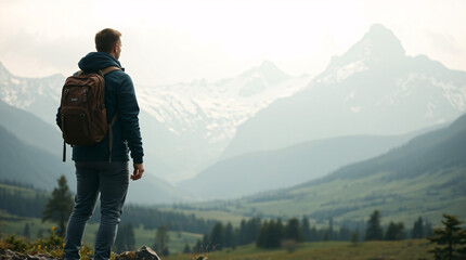 A Lone Hiker Gazing at Majestic Snow-Capped Mountains.