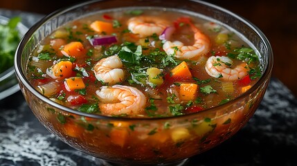 Thai tom yum soup with shrimp and vegetables in a clear glass bowl showcasing its vibrant colors