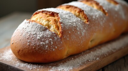 Freshly Baked Bread Loaf on a Wooden Board With Powdered Flour