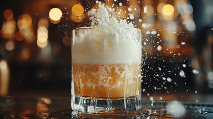World cocktail day with beverage and glass idea. Refreshing whiskey splashing in a glass with frothy foam.