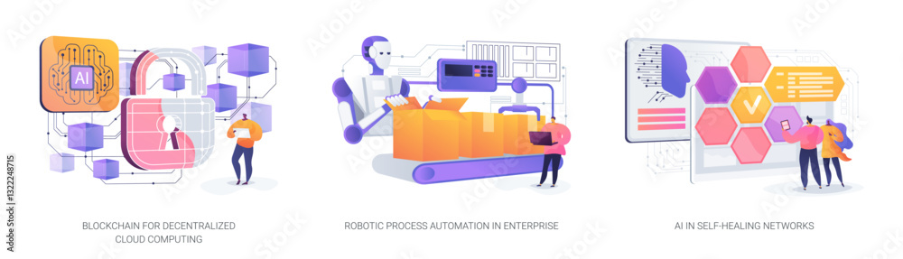 Poster decentralized and automated efficiency abstract concept vector illustrations.