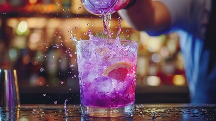World cocktail day with beverage and glass idea. Vibrant cocktail being poured with splashes and ice.