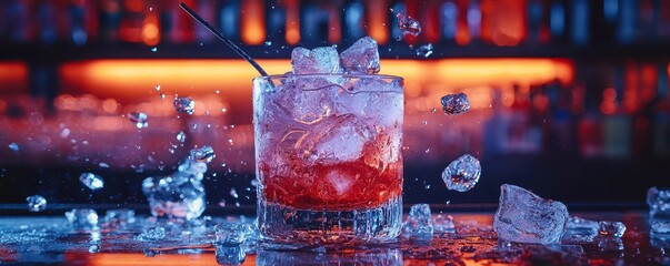 World cocktail day with beverage and glass idea. Vibrant cocktail with ice splashing on a bar surface.