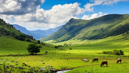 Fototapeta premium Lush green valley with grazing wildlife