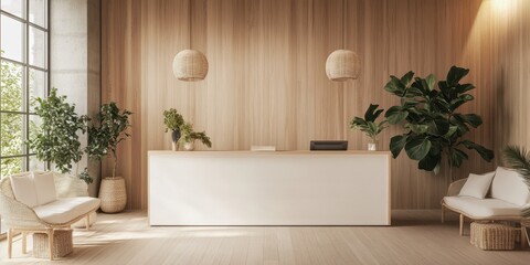 A modern interior design featuring a reception desk with plants