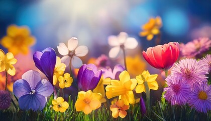 Vibrant Spring Blossoms A Symphony of Colors in a Blooming Meadow at Sunset, Capturing the Essence of Natures Beauty and Renewal.