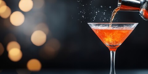 World cocktail day with beverage and glass idea. Pouring a vibrant cocktail into a glass with bokeh background.