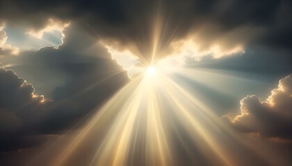 Golden light rays pierce through dark, cloudy skies, creating a dramatic and ethereal effect, the light scatters and diffuses