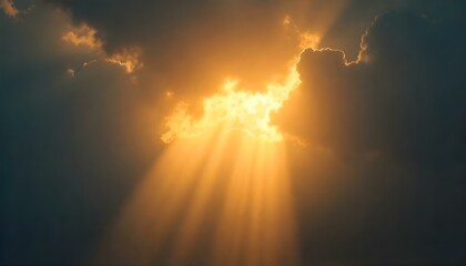 Obraz premium Golden light rays pierce through dark, cloudy skies, creating a dramatic and ethereal effect, the light scatters and diffuses
