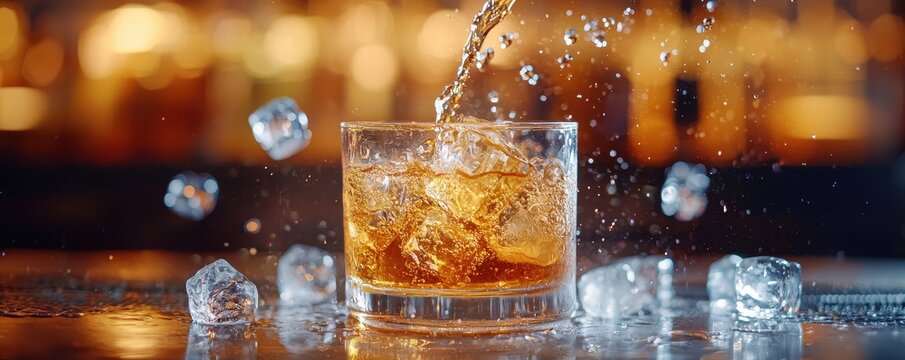 World cocktail day with beverage and glass idea. Refreshing cocktail drink splashing in a glass with ice cubes.