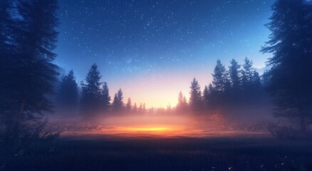 Fototapeta premium A serene nighttime forest scene with starlight and mist
