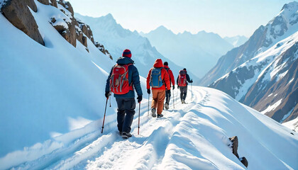 A Group of Adventurers Hiking on a snowy Mountain.