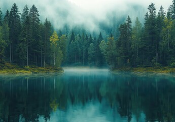 Tranquil Misty Lake Surrounded by Lush Green Trees and Reflective Water in a Serene Forest Environment at Dawn
