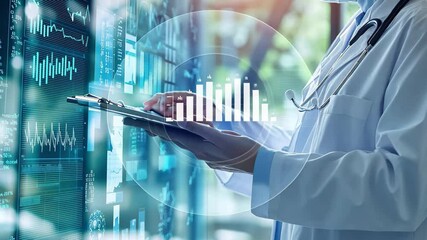 Surgeon analyzing statistics and data in a modern medical facility, statistics and data processing over diverse surgeons - Powered by Adobe