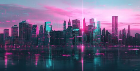 Fototapeta premium A futuristic cityscape at twilight displays vibrant pink and teal hues