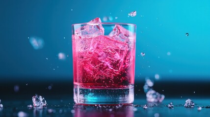 World cocktail day with beverage and glass idea. Vibrant pink cocktail drink with ice in a glass against a blue background.
