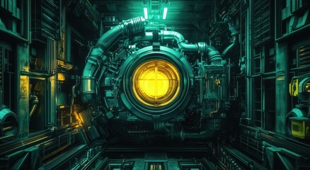 A large industrial machine glows brightly in a tunnel setting