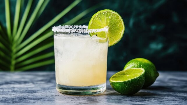 World cocktail day with beverage and glass idea. Refreshing cocktail with lime and salt garnish.