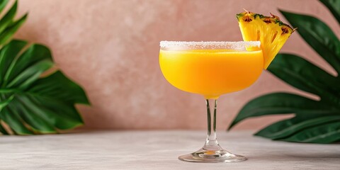 World cocktail day with beverage and glass idea. Vibrant tropical cocktail with pineapple garnish and greenery.