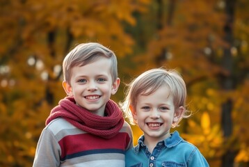 Fototapeta premium Two Happy Boys in Autumn Park with Golden Leaves