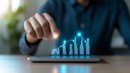 Person interacts with a digital graph on a tablet, analyzing upward trending data. Blue glowing lines and bars represent growth.  The setting is a