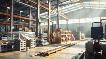 Bright and Spacious Industrial Warehouse Interior with Machinery and Storage Racks